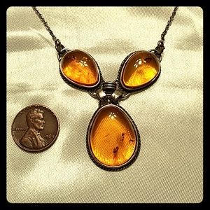 Amber-Colored Necklace with Connected Metal Chain